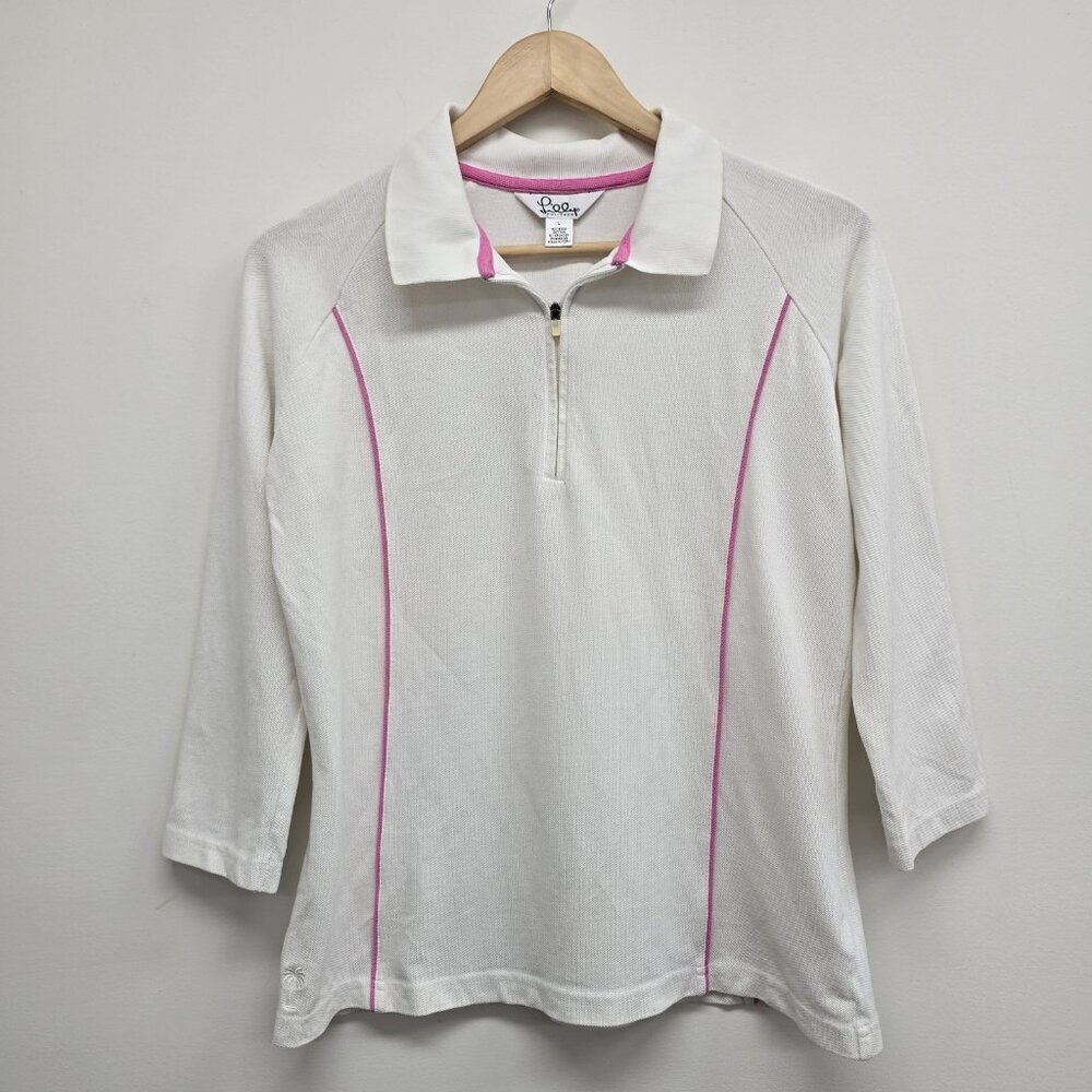 VTG 90s Lilly Pulitzer 1/4 Zip Collared Shirt White Label Palm Tree Pima Cotton